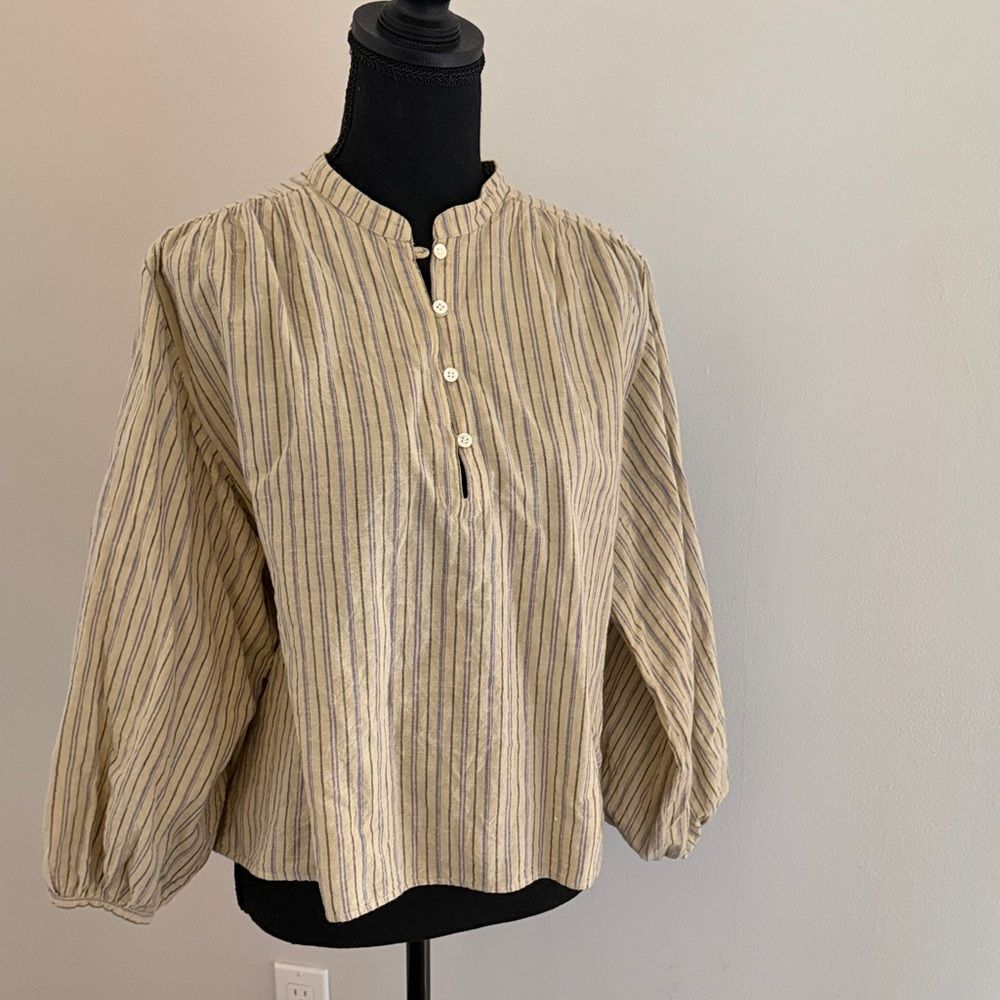 Vanessa Bruno Striped Cotton Blouse Puff Sleeve Mock Neck Top Neutral Sz 38